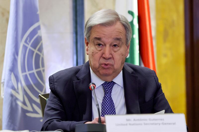 Secretary general of the United Nations Antonio Guterres speaks during a press conference in Beirut, Lebanon, March 14th, 2026. Photograph: EPA