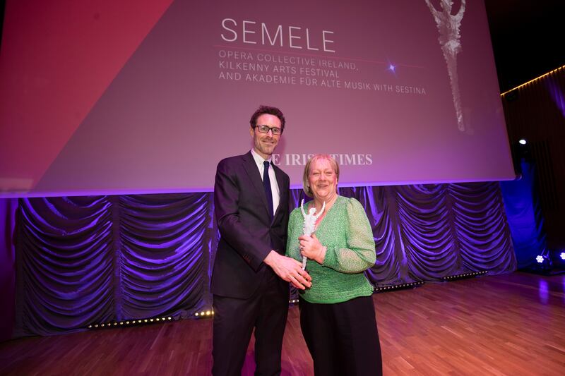 The Irish Times Irish Theatre Awards: Irish Times Editor Ruadhán Mac Cormaic presents the award for best opera to Colette McGahon, for Semele. Photograph: Tom Honan