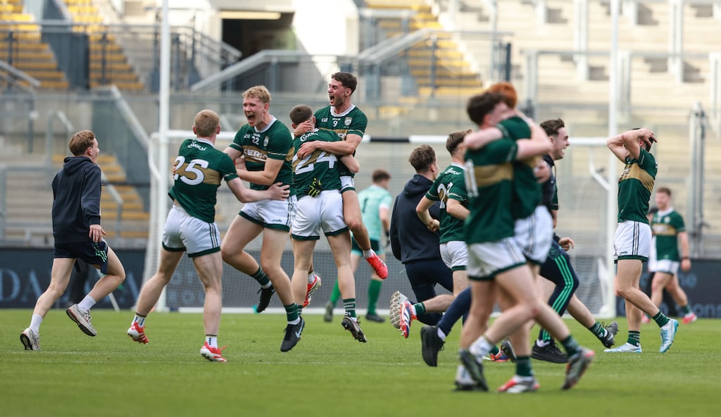 The Kerry team celebrate at the full-time whistle after beating Tyrone to win the All-Ireland Under-20 football final at Croke Park. Photograph: Dan Sheridan/Inpho