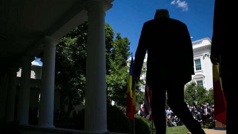 Rose Garden: Donald Trump told reporters he would be willing to testify about his conversations with James Comey “100 per cent”. Photograph: Al Drago/New York Times