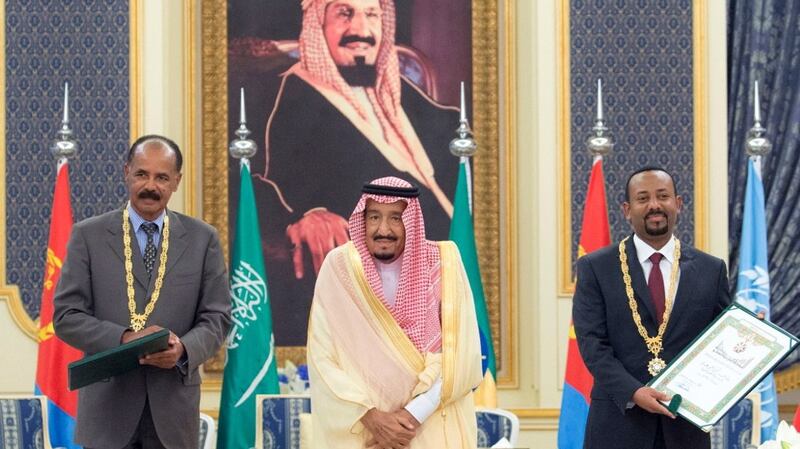 Saudi King Salman bin Abdulaziz Al Saud (centre) with Eritrean president Isaias Afwerki (left) and Ethiopian prime minister Abiy Ahmed  in Jeddah, Saudi Arabia, on Sunday. The leaders of Ethiopia and Eritrea met  in Jeddah  to sign a peace deal between  Ethiopia and Eritrea to end a 20-year conflict. Photograph: Saudi Press Agency/EPA