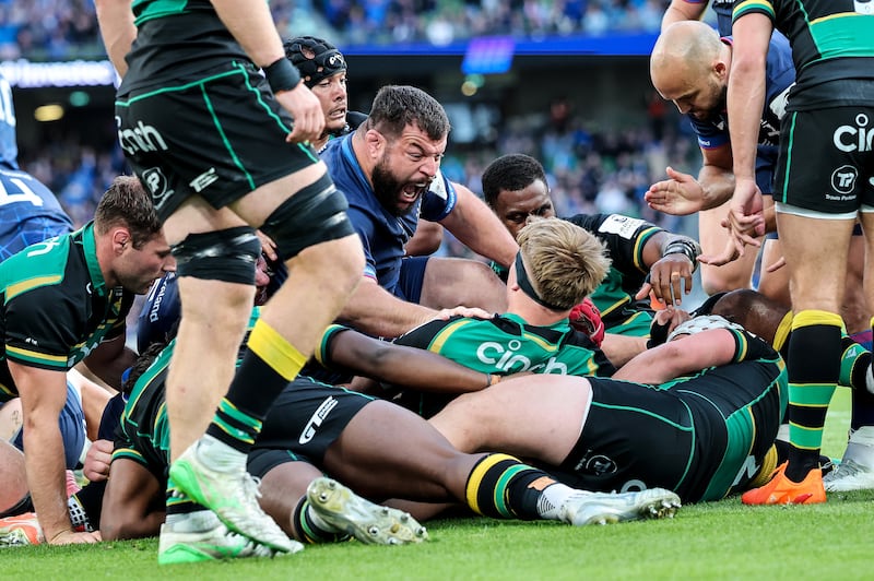 Leinster's Rabah Slimani and Josh van der Flier in action during the game against Northampton at the Aviva. Photograph: Billy Stickland/Inpho