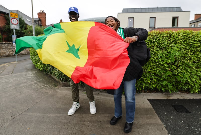 Senegal fans Hussein Ofai and Dior Diallo make their way to the Aviva ahead of the game. Photograph: Laszlo Geczo/Inpho