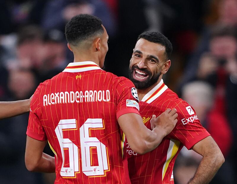 Liverpool's Mohamed Salah celebrates scoring with Trent Alexander-Arnold. Photograph: Peter Byrne/PA Wire