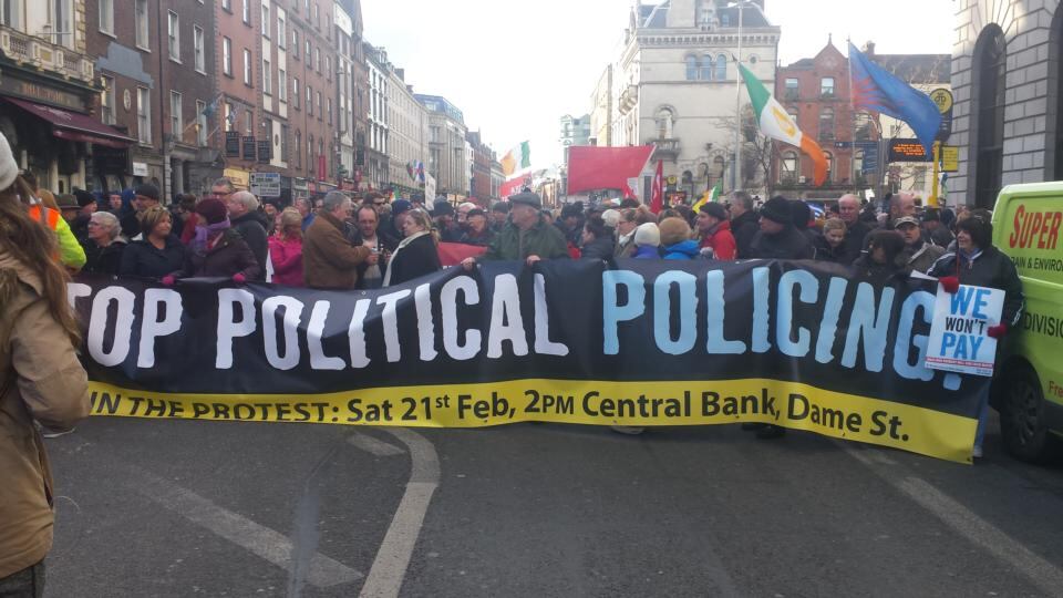 Protestors gather in central Dublin to march against ‘political policing’ amid rising anger over jail sentences. Photograph: Kitty Holland