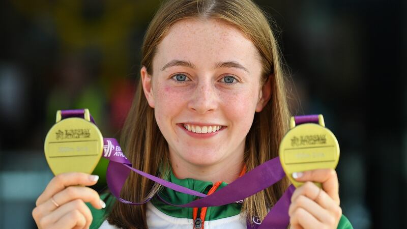 Ireland’s Sarah Healy with her gold medals for winning the girls’ 1500m and 3000m events in the European Athletics Under-18 Championships in  Hungary. Photograph: Piaras Ó Mídheach/Sportsfile
