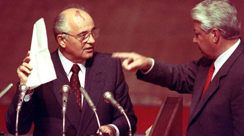 Mikhail  Gorbachev and Russian Federation president Boris Yeltsin in 1991: There was no place for Gorbachev in capitalist Russia and Yeltsin opened the door for KGB veteran Vladimir Putin. Photograph: Boris Yurchenko