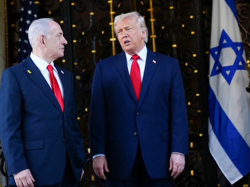 Trump and Netanyahu outside Mar-a-Lago in Palm Beach, Florida, in December 2025. Photograph: Tierney L Cross/The New York Times
                      