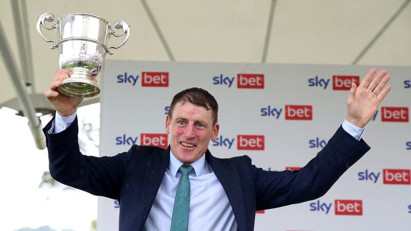 Trainer Johnny Murtagh celebrates Sonnyboyliston’s hard fought win in the Ebor at York. Photograph: Nigel French/PA
