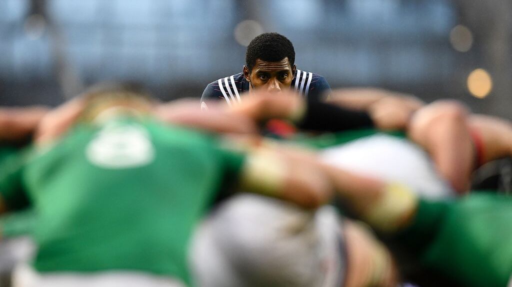France’s wing Noa Seru Nakaitaci watches the scrum during his side’s Six Nations defeat against Ireland. Photo: Franck Fife/Getty Images
