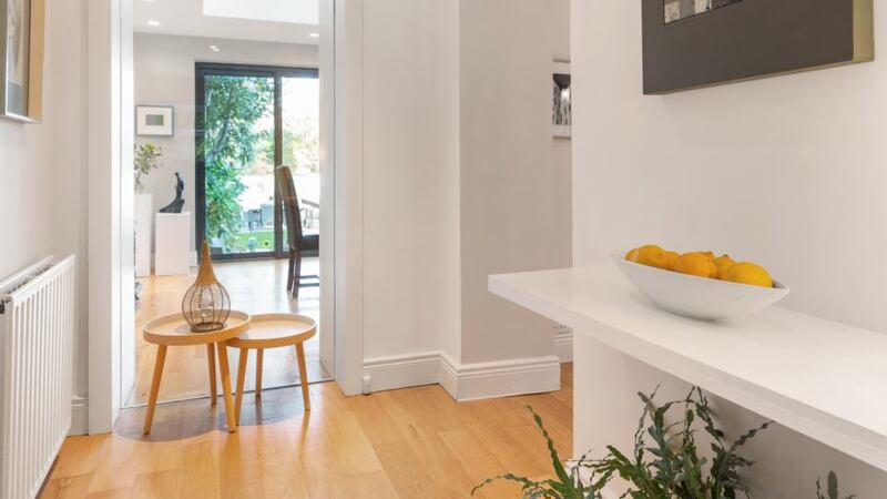 View from lobby through dining room to garden
