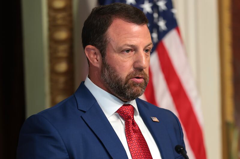 US secretary of homeland security Markwayne Mullin speaks during a news conference in the Eisenhower Executive Office Building on in Washington DC on Friday. Photograph: Anna Moneymaker/Getty Images