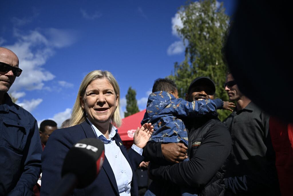 Swedish prime minister Magdalena Andersson, leader of the Social Democrats, campaigns in Borlange, Sweden, ahead of Sunday's election. She has adopted a much tougher tone on law and order issues. Photograph: Pontus Lundahl/Getty Images