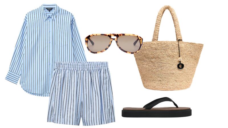 Shirt, €115, Whistles; Shorts, €89, Whistles; Sunglasses, €39.99 Mango; Straw tote bag, €165, Whistles; Flip flop, €19.95, Zara