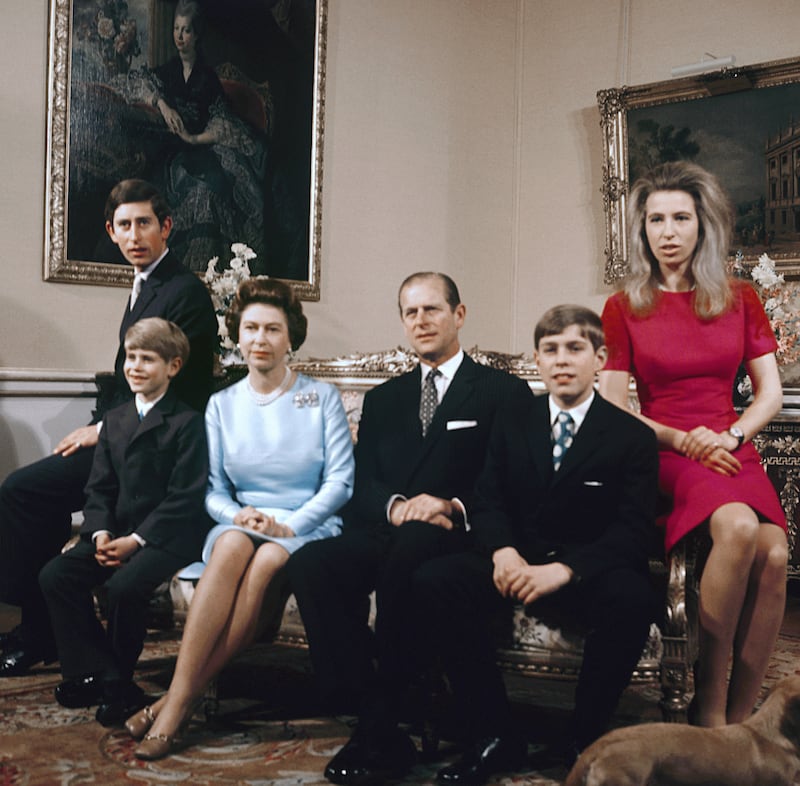 (Left to right) Charles, then-prince of Wales, Prince Edward, Queen Elizabeth II, Prince Philip, Prince Andrew and Princess Anne at Buckingham Palace, London, in 1972. Photograph: PA