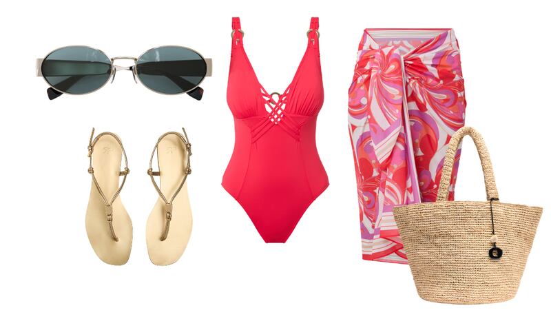 Sunglasses, €240, Marc Jacobs, Specsavers; Sandals, €22.99, Parfois; One-Piece Swimsuit €180, Naia beach, Brown Thomas; Print Sarong €95, Naia beach, Brown Thomas; Straw tote, €165, Whistles
