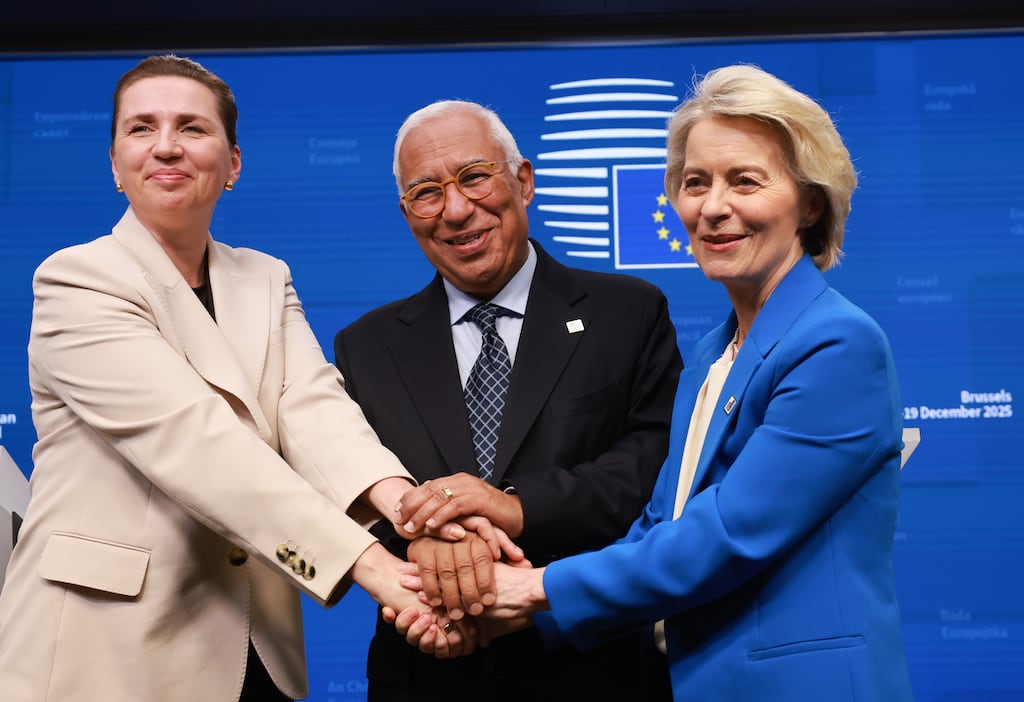 Danish prime minister Mette Frederiksen, European Council president António Costa and European Commission president Ursula von der Leyen at the end of the EU Council Summit in Brussels. Photograph: EPA