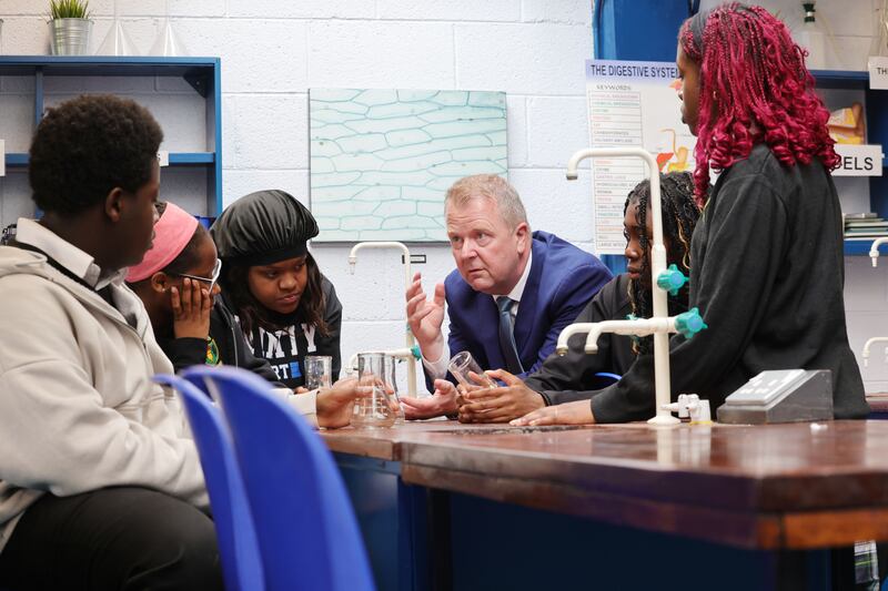 Principal Kevin Shortall with Roland Yengo, Sandisiwe Khupe, Grace Ebondo, Natasha Osewemwengie and Chinaka Opara at St Aidan's Community School. Photograph: Alan Betson