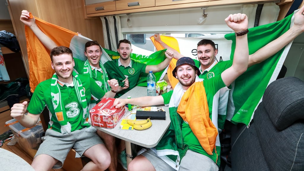 Flying the flag: Conor Condon, Gary Seary, Jack Hughes, Darren Reilly and Carl Kearns from Templeogue, Dublin in Paris. Photograph: James Crombie/INPHO