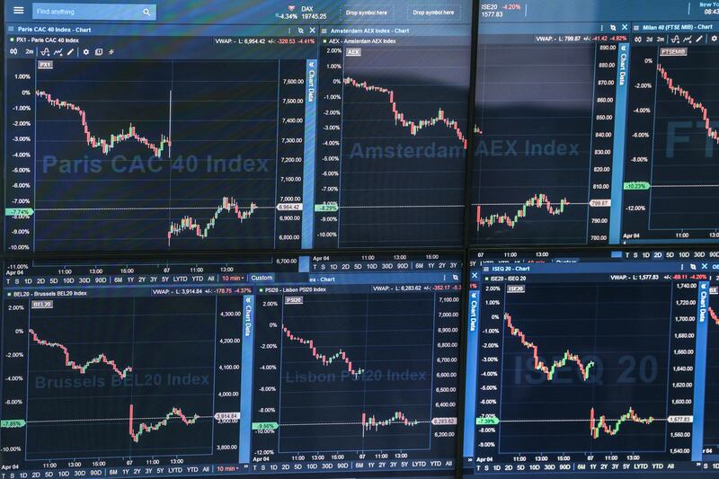 Market indicators on digital screens on Monday. Photograph: Thomas Samson/AFP via Getty Images        