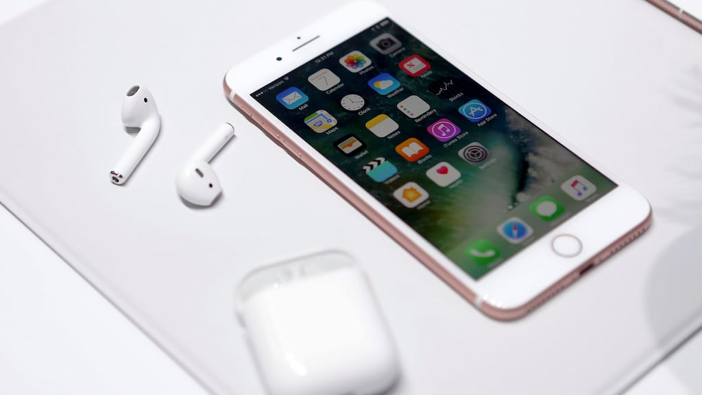 The Apple iPhone7 and AirPods. Apple has done away with the headphone jack on its new phone.