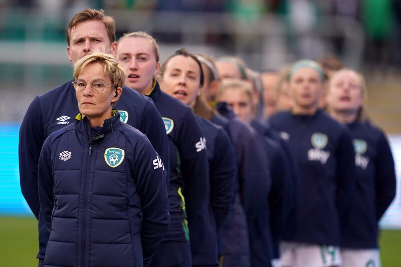Republic of Ireland manager Vera Pauw and her players stand for the national anthem before their Women's World Cup qualifying match against Finland at the Tallaght Stadium in Dublin on September 1st. Photograph: Brian Lawless/PA