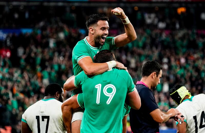 Ireland’s Conor Murray celebrates with Iain Henderson after winning. Photograph: Dave Winter/Inpho 
