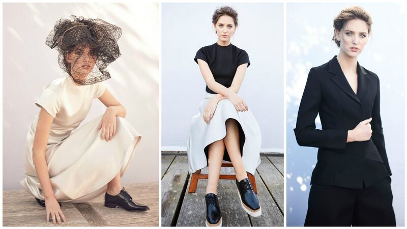 (Left to right): Washed silk silver leaf dress, €1,160; Reversible washed silk gabardine and silver leaf skirt, €1,590; Black grosgrain wrap jacket, €1,250