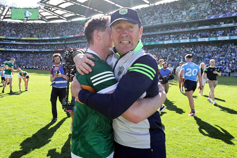 Kerry manager Jack O’Connor celebrates victory over Dublin after the game with Tadhg Morley. Photograph: Laszlo Geczo/Inpho