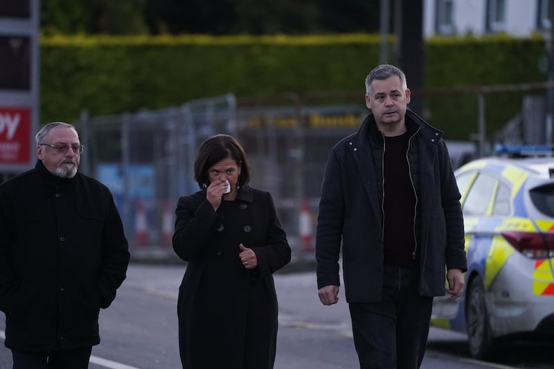 Sinn Féin leader Mary Lou McDonald and Sinn Féin TD for Donegal South West Pearse Doherty at the scene. Photograph: Brian Lawless/PA