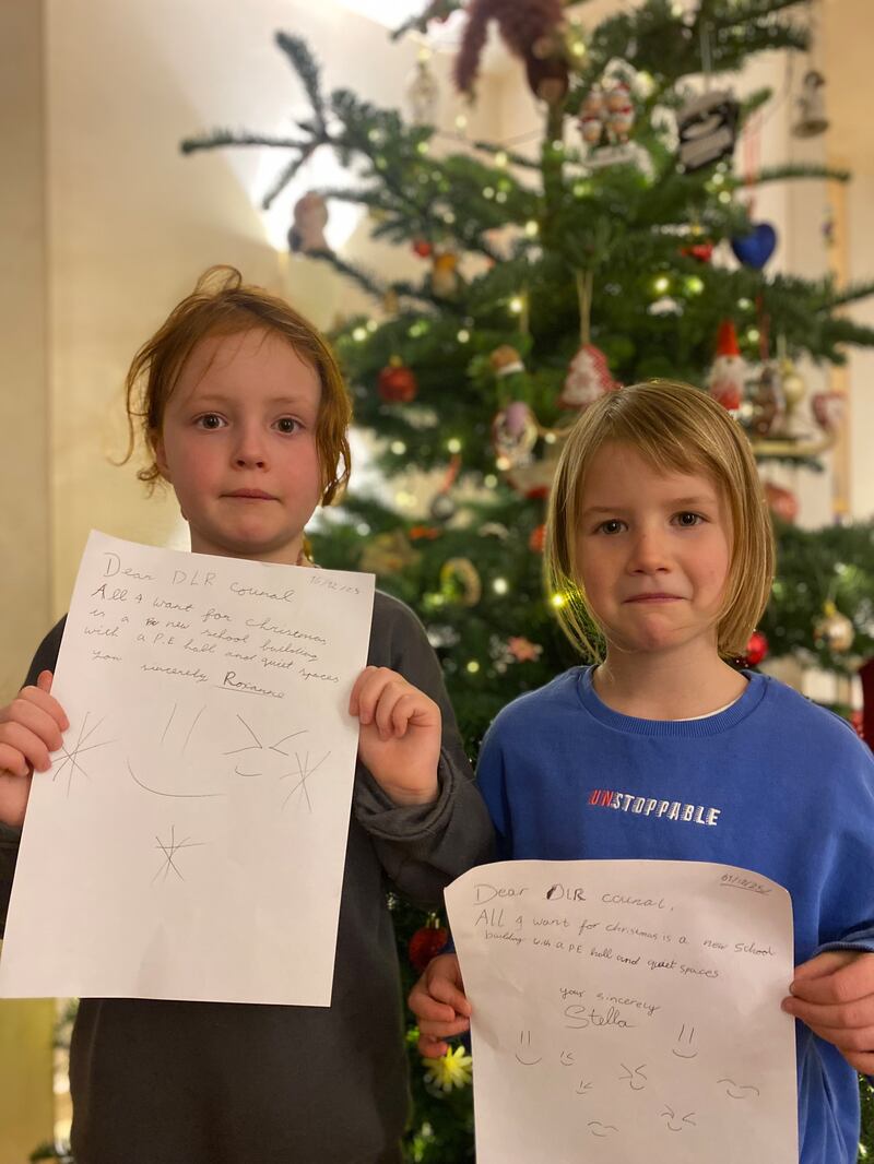Third-class pupil Roxanne MacHale (9), with her sister and first-class pupil Stella MacHale (7). Photograph: David MacHale