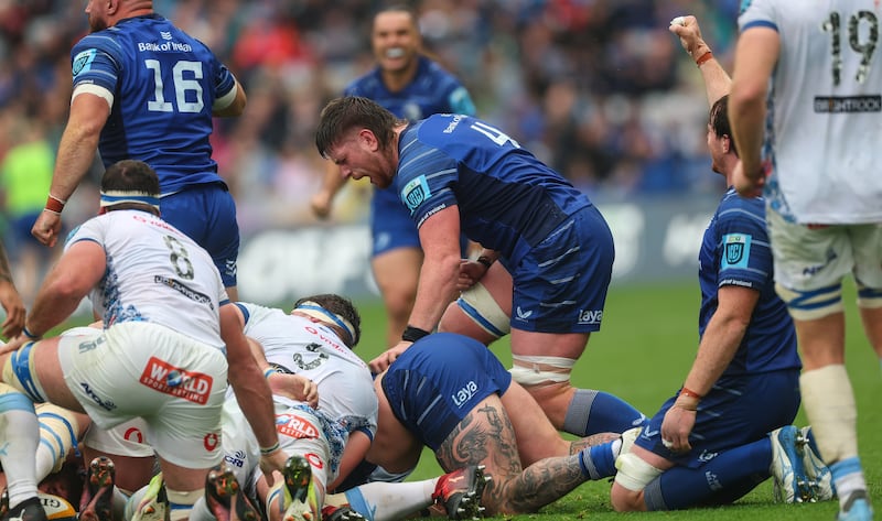 Leinster's Joe McCarthy and Ryan Baird celebrate winning a penalty. Photograph: James Crombie/Inpho