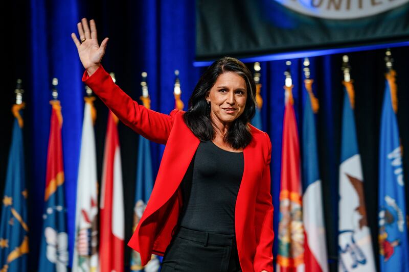 Tulsi Gabbard arrives to speak in support of former US president Donald Trump in Detroit on Monday. Photograph: Nick Hagen/The New York Times
                      