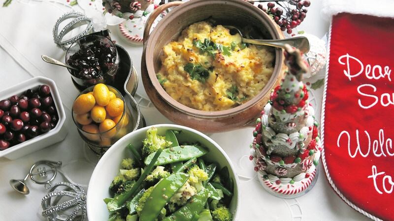 Parsnip and cheddar bake, Broccoli and sugar snap peas