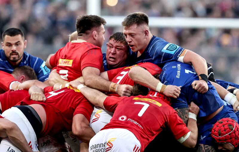 Leinster’s Tadhg Furlong and Lee Barron during a scrum. Photograph: Tom Maher/Inpho