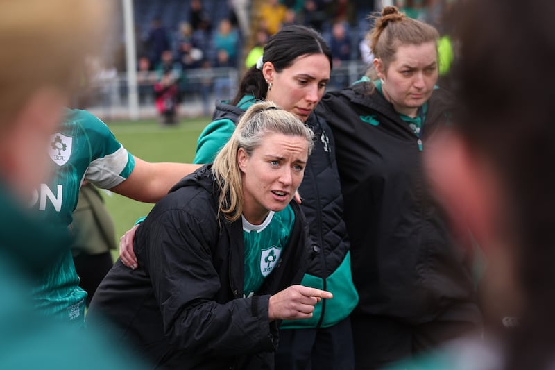 Ireland captain Edel McMahon speaking to the team huddle after the game against Scotland in  Edinburgh on April 26th, 2025. Photograph: Ben Brady/Inpho