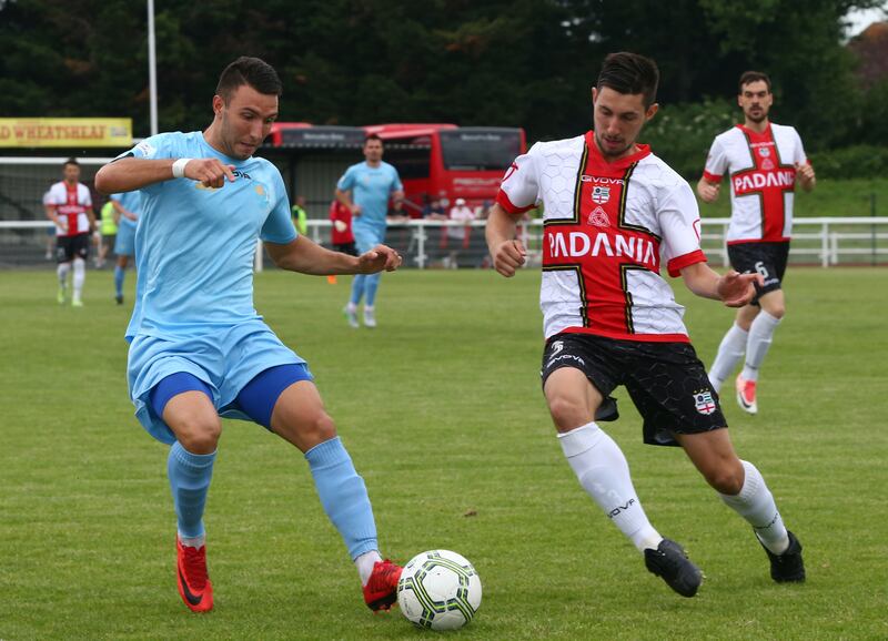 Szilard Magyari of Szekely Land and Nicolas Dossi of Padania during the 2018 Conifa World Football third-place play-off final. Photograph: Kieran Galvin/Getty