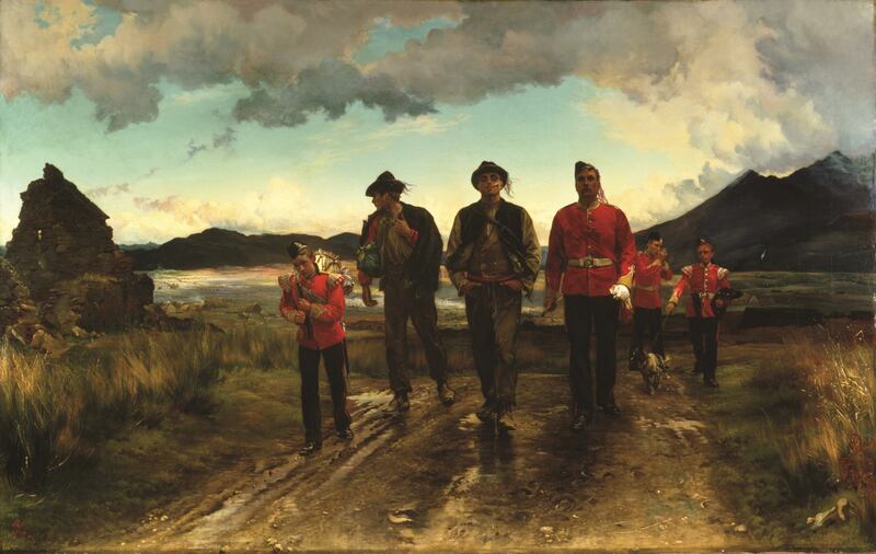 Elizabeth Thompson Butler’s Listed for the Connaught Rangers: Recruiting in Ireland, 1878. Oil on Canvas:  the two recruits are heading into the wars of the British empire Photograph: Bury Art Gallery and Museum / Bridgeman Art Library