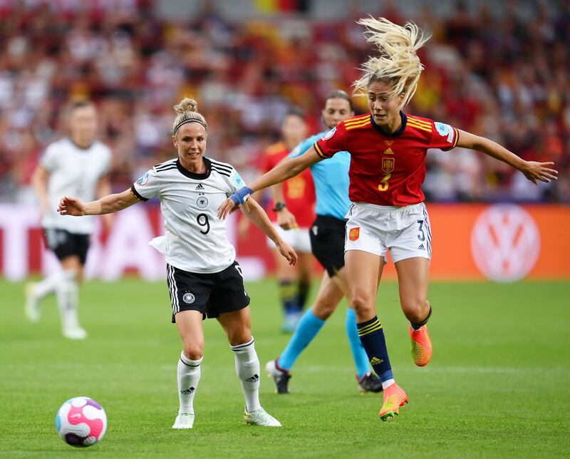 Svenja Huth of Germany is challenged by Laia Aleixandri of Spain during their Women's Euro 2022 Group B  match in Brentford, England. Photograph: Mike Hewitt/Getty Images