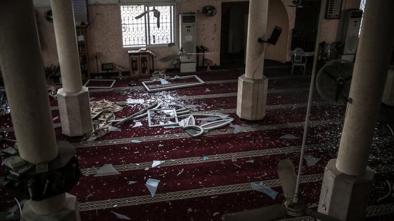 A view inside a  mosque allegedly damaged by Israeli air strikes, at central Gaza City. Photograph: Haitham Imad/EPA