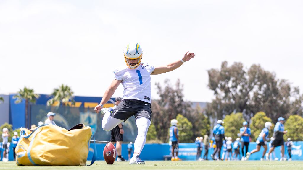 James McCourt takes a kick during the  Los Angeles Chargers rookie mini-camp at Hoag Performance Center in Costa Mesa, California. Photograph: Mackenzie Hudson/Los Angeles Chargers