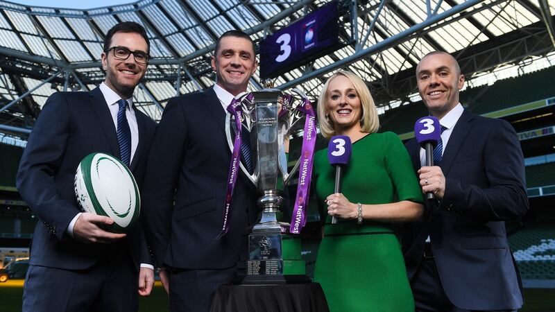 TV3’s team for its first Six Nations this year: presenter Joe Molloy (left), co-commentator Alan Quinlan, sideline reporter Sinéad Kissane and commentator Dave McIntyre. Photograph: Brendan Moran/Sportsfile
