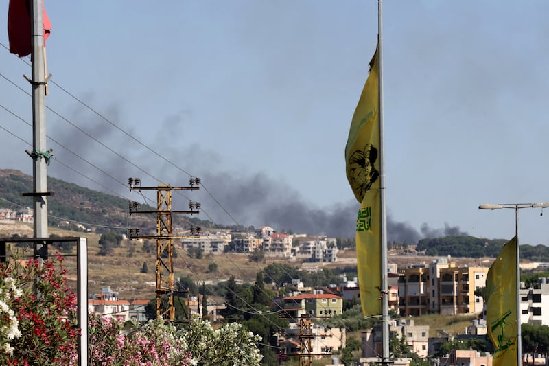 Smoke rises from the site of Israeli artillery shelling at Ali Al-Taher near Nabatieh in Lebanon. Photograph: Mahmoud Zayyat/AFP