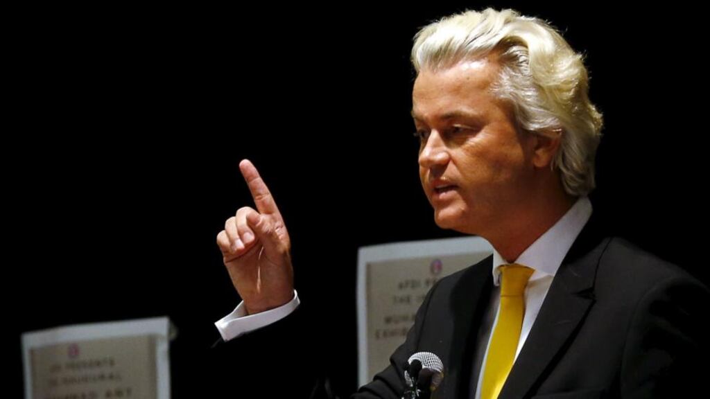 Dutch politician Geert Wilders speaks at the Muhammad art contest in Garland, Texas, on Sunday. Two gunmen were killed in an attack on the event. Photograph: Mike Stone/Reuters