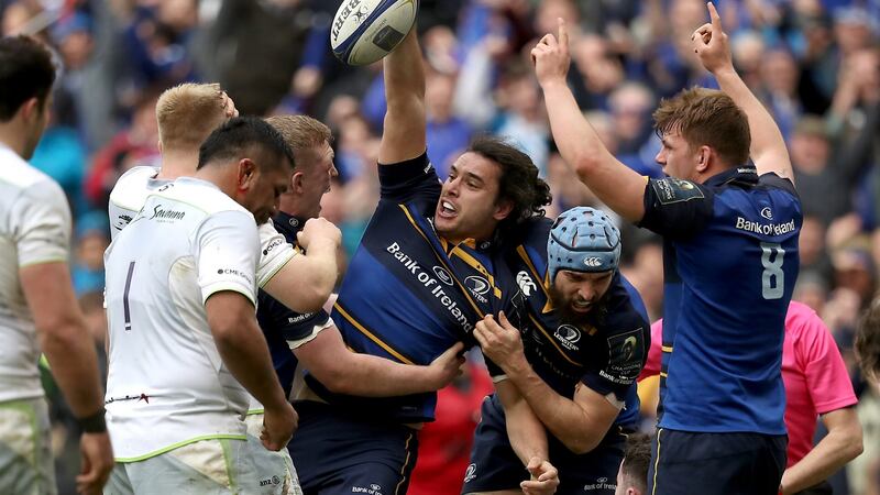 Leinster’s James Lowe celebrates his try against Saracens at the Aviva Stadium. Photograph: Tommy Dickson/Inpho