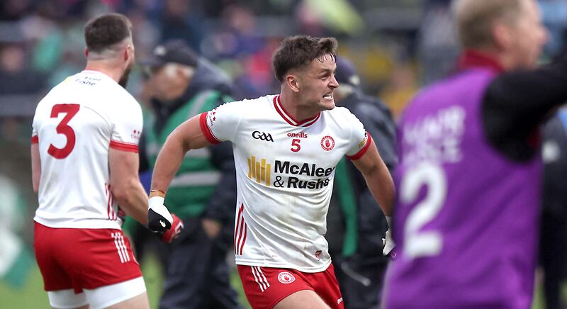Tyrone's Michael McKernan celebrates after the game against Donegal. Photograph: John Vitty/Inpho   