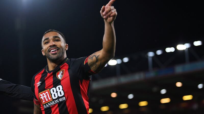 Callum Wilson celebrates Bournemouth’s first goal against Huddersfield. Photograph: Dylan Martinez/Reuters