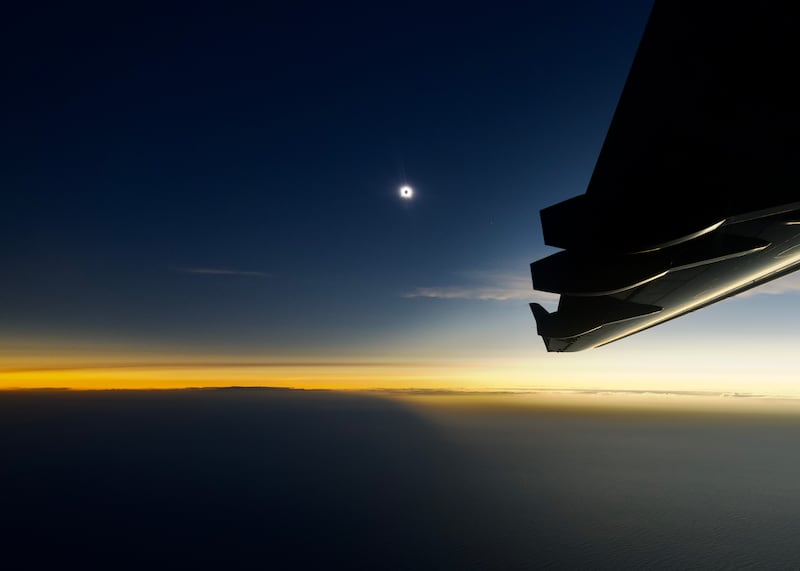 Photo taken from the Irish Air Corps C295 aircraft during the the total solar eclipse 550 km of the west coast of Ireland by a team of scientists from DIAS, TCD, TU Dublin and the Italian National Institute for Astrophysics.