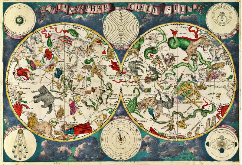 Planisphæri Cœleste, léarscáil na spéire, le Frederik de Wit (1630-1706 AD). Léaráid: Fearann poiblí.