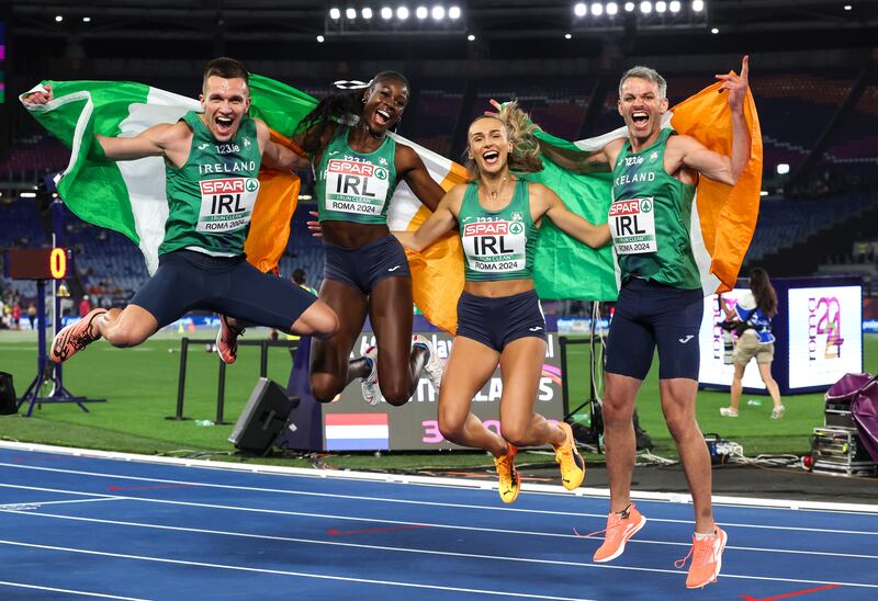 Ireland’s Chris O’Donnell, Rhasidat Adeleke, Sharlene Mawdsley and Tom Barr jumping for joy. Photograph: Inpho/Morgan Treacy 